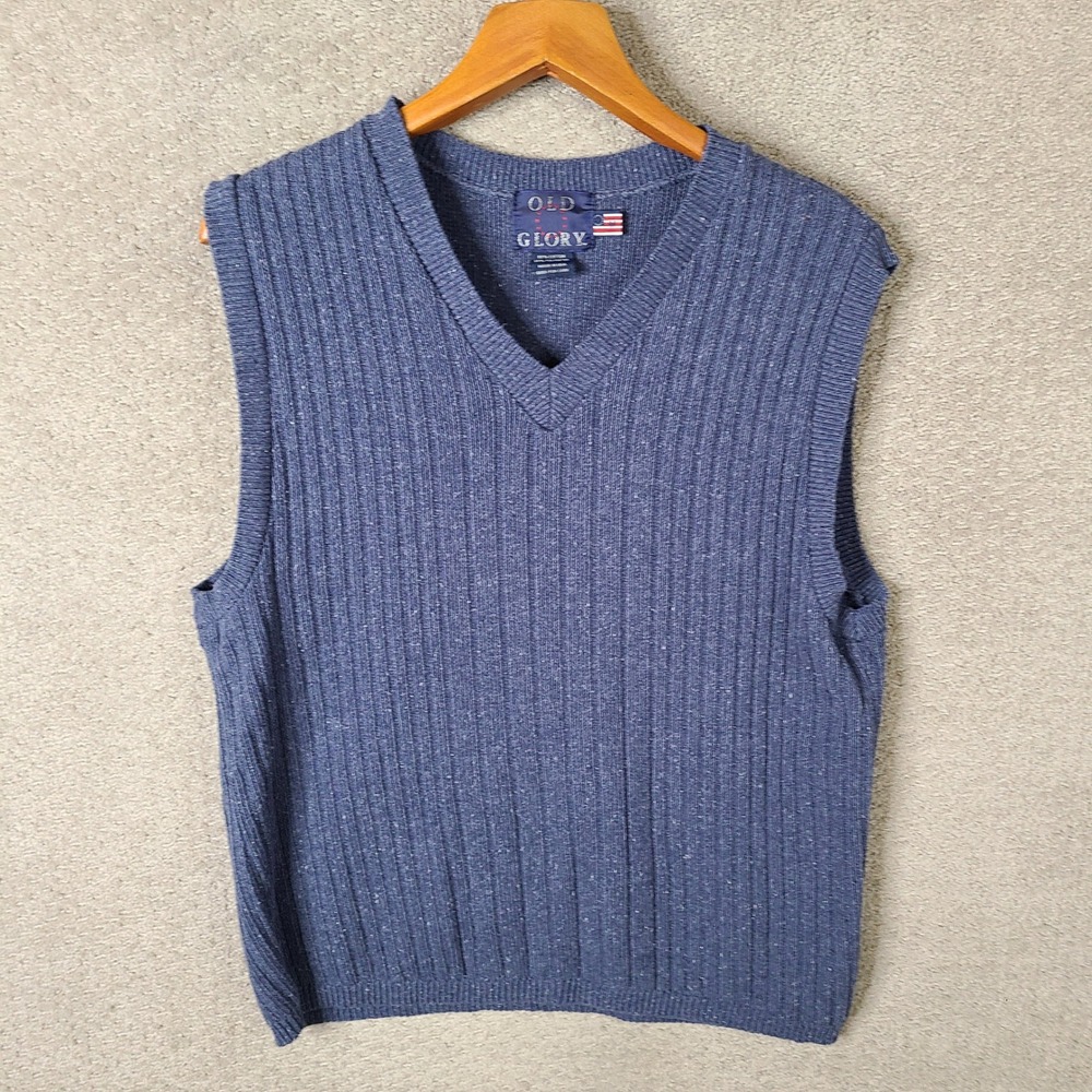 Vintage Old Glory Sweater Mens Medium Blue Ribbed V-Neck Vest Cotton USA Casual